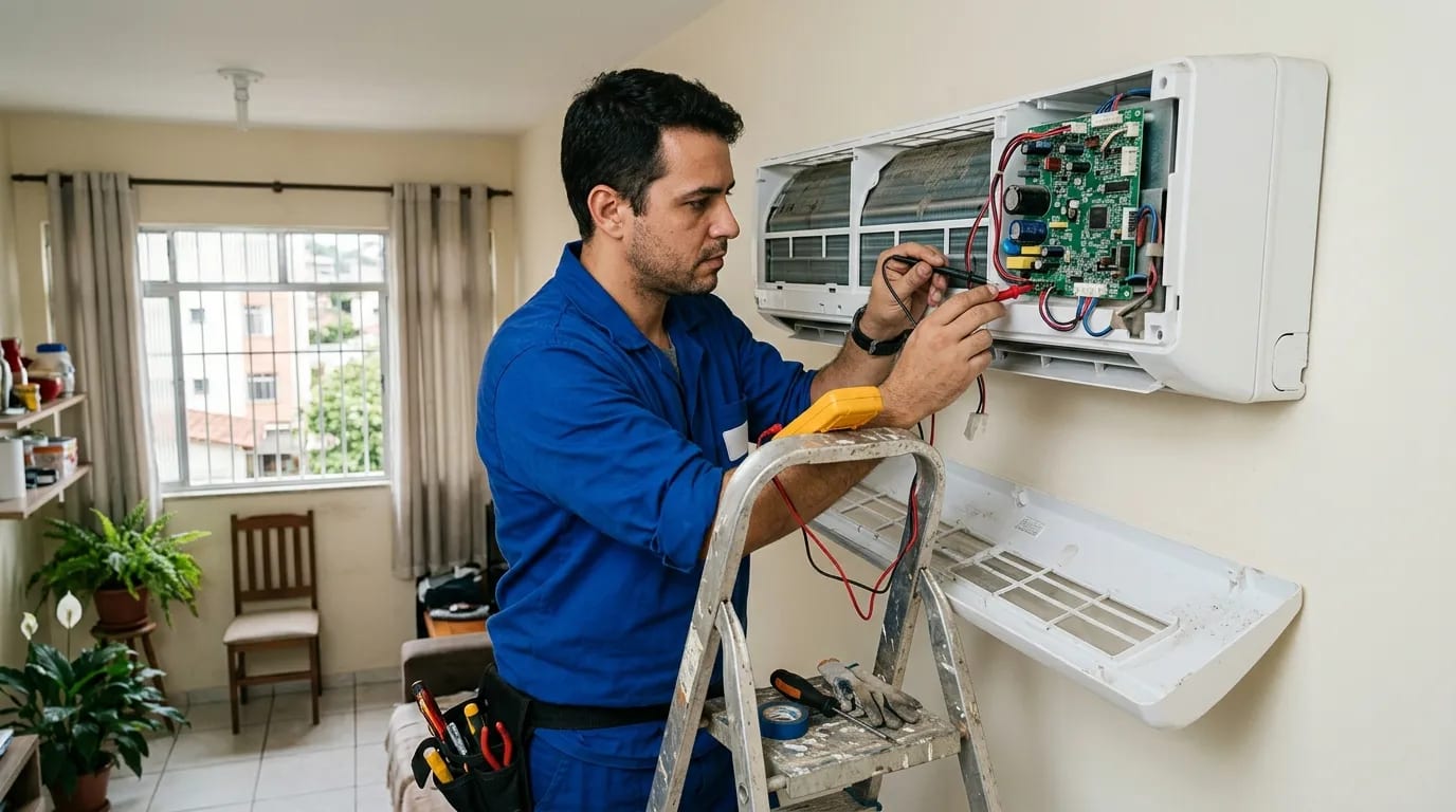 Eletricista ligando a placa do ar-condicionado split em Criciúma‑SC